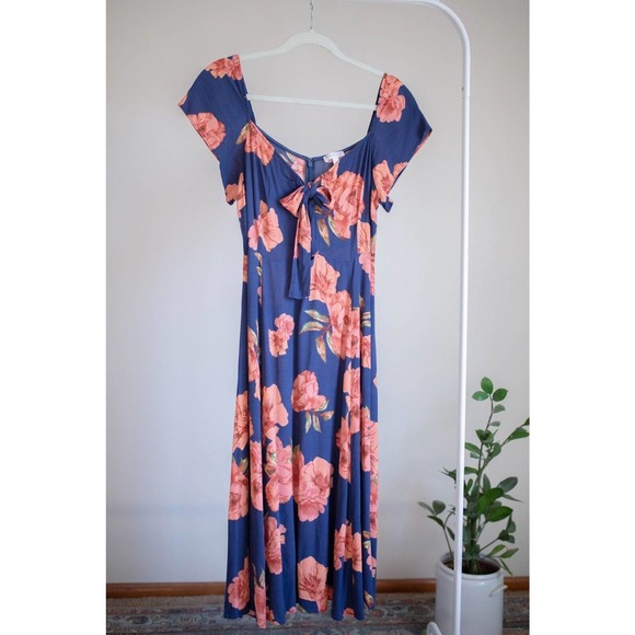 Nordstrom LEITH Navy Red Floral Square Neck Cut Out Midi Dress SZ L - Picture 1 of 11